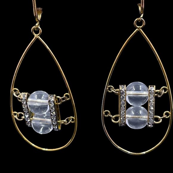 Vintage Clip On Earrings Clear Crystal Beads Gold Tone Statement Coquette Glam - Picture 4 of 8